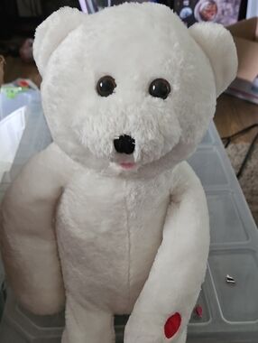 White Plush Teddy Bear with Red Paw Accent Works Sing Love You For Ever V77